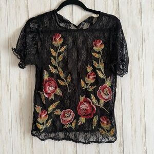 Hazel Black Lace Blouse with Red Floral Embroidery